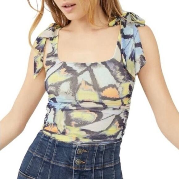 Free People Avenue Print Tie Shoulder Ruched Tank Top C Mint Combo Small NWT - Picture 1 of 9